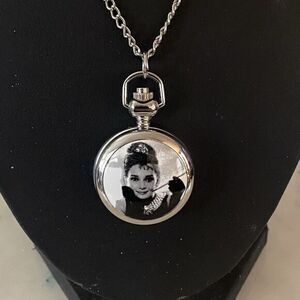Vintage Style Antique Silver Audrey Hepburn Pocket Watch Pendant Necklace NOS